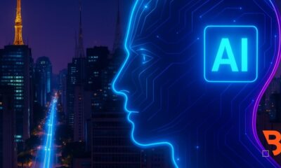 Brazil AI startups 2025 – Neon 3D AI profile integrated with São Paulo skyline on Avenida Paulista, symbolizing venture capital rebound in Latin America