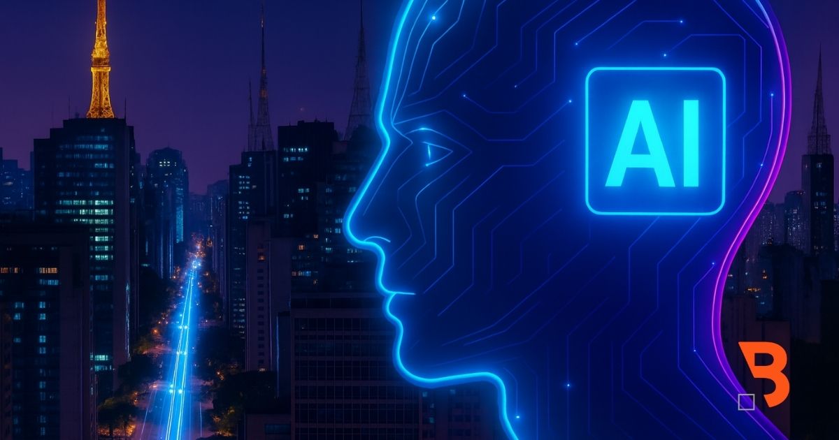 Brazil AI startups 2025 – Neon 3D AI profile integrated with São Paulo skyline on Avenida Paulista, symbolizing venture capital rebound in Latin America