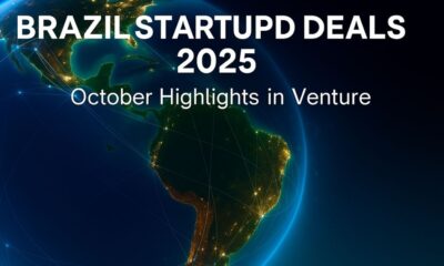 Brazil Startup Deals 2025 – October Venture Capital in Brasil feature image showing Latin America connected by digital network lines over Earth at night, symbolizing venture capital and startup growth in Brazil, with highlights on Foley & Lardner LLP and partner André Thiollier, and Demarest Advogados and partner João Busin, reflecting the law firms behind major Brazil startup deals.