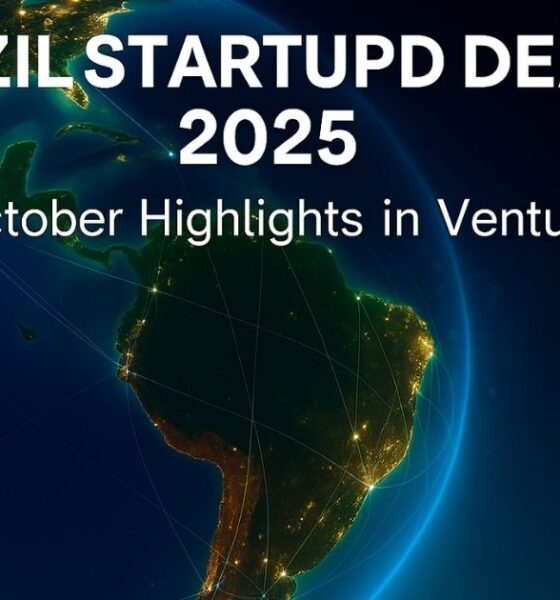 Brazil Startup Deals 2025 – October Venture Capital in Brasil feature image showing Latin America connected by digital network lines over Earth at night, symbolizing venture capital and startup growth in Brazil, with highlights on Foley & Lardner LLP and partner André Thiollier, and Demarest Advogados and partner João Busin, reflecting the law firms behind major Brazil startup deals.