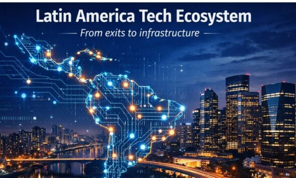 Latin America tech ecosystem illustrated with AI infrastructure and São Paulo skyline Julia De Luca Andre Thiollier